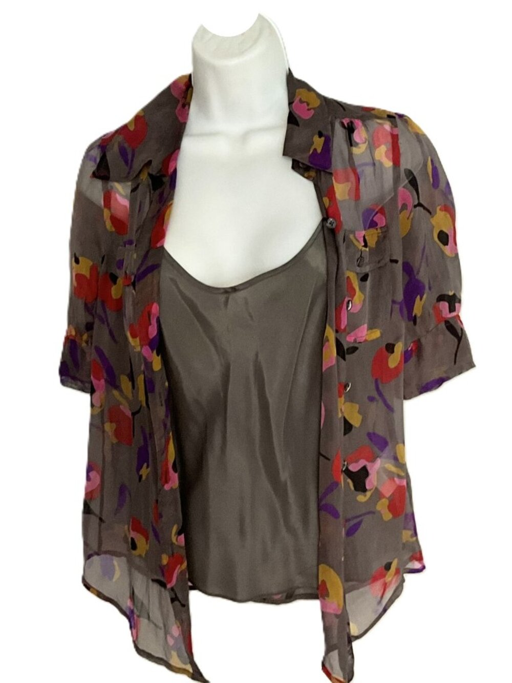 DKNY 100% Silk 2 Piece Set Sheer Floral Shirt & Camisole Top Size 4
